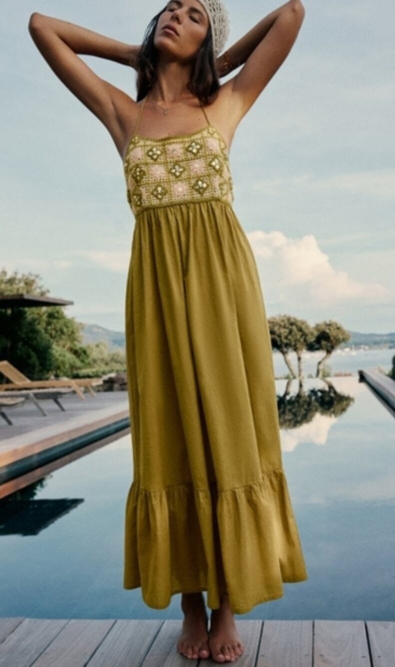 Zara Crochet Bodice Embellished Olive Green Maxi Dress Size XS Boho Resort Wear